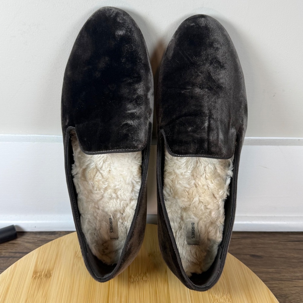Birdies Velvet Loafers Women's 12 Charcoal Gray Excellent Fur Lined Slipper Flat - Picture 6 of 8